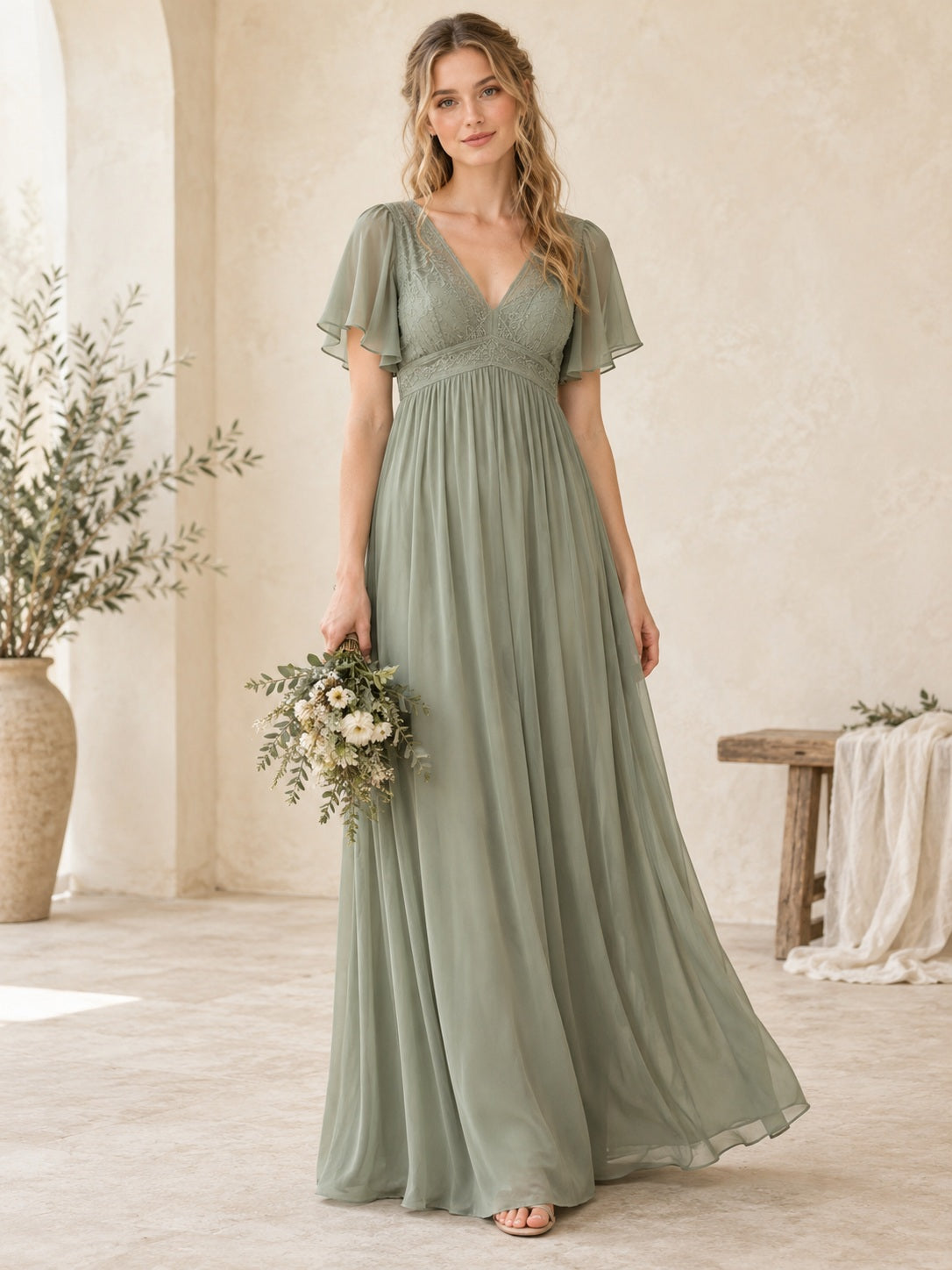 Robe de demoiselle d'honneur bohème vert sauge en mousseline taille empire, à col en V, manches papillon et bordure en dentelle