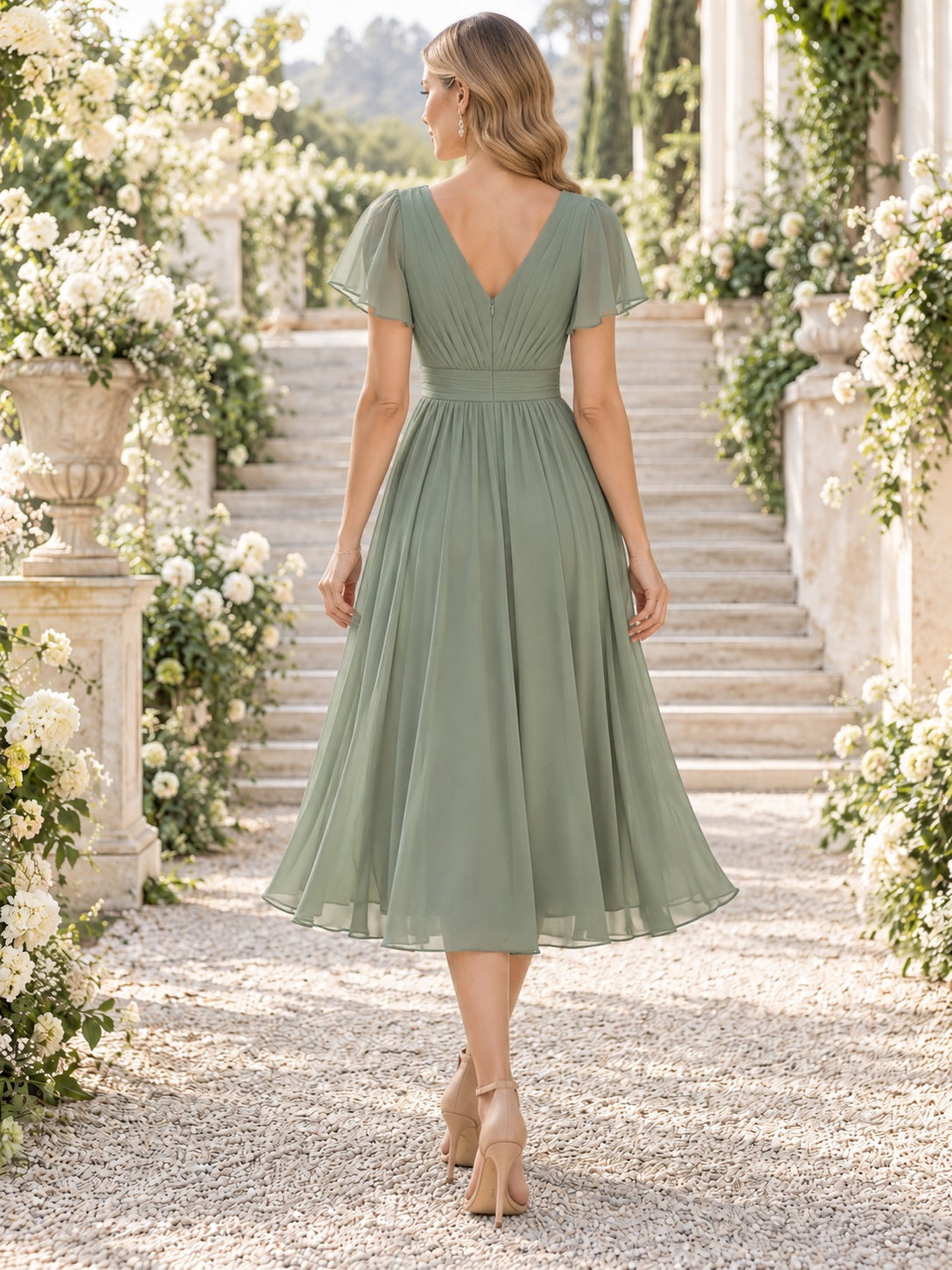 Simple Sage V-neck Flutter Sleeve Ruched Chiffon Tea-length Wedding Guest Dress, view 2