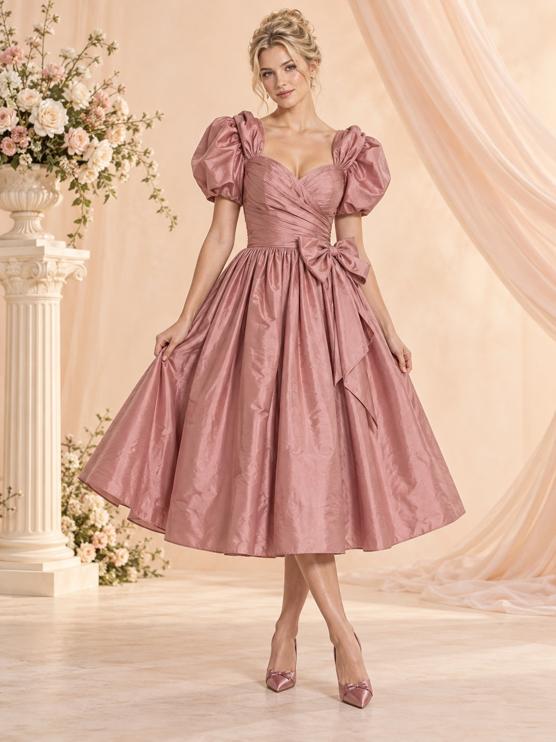 Vintage Brautjungfernkleid aus Taffeta in Altrosa mit Herzausschnitt, Puffärmeln und Teelänge