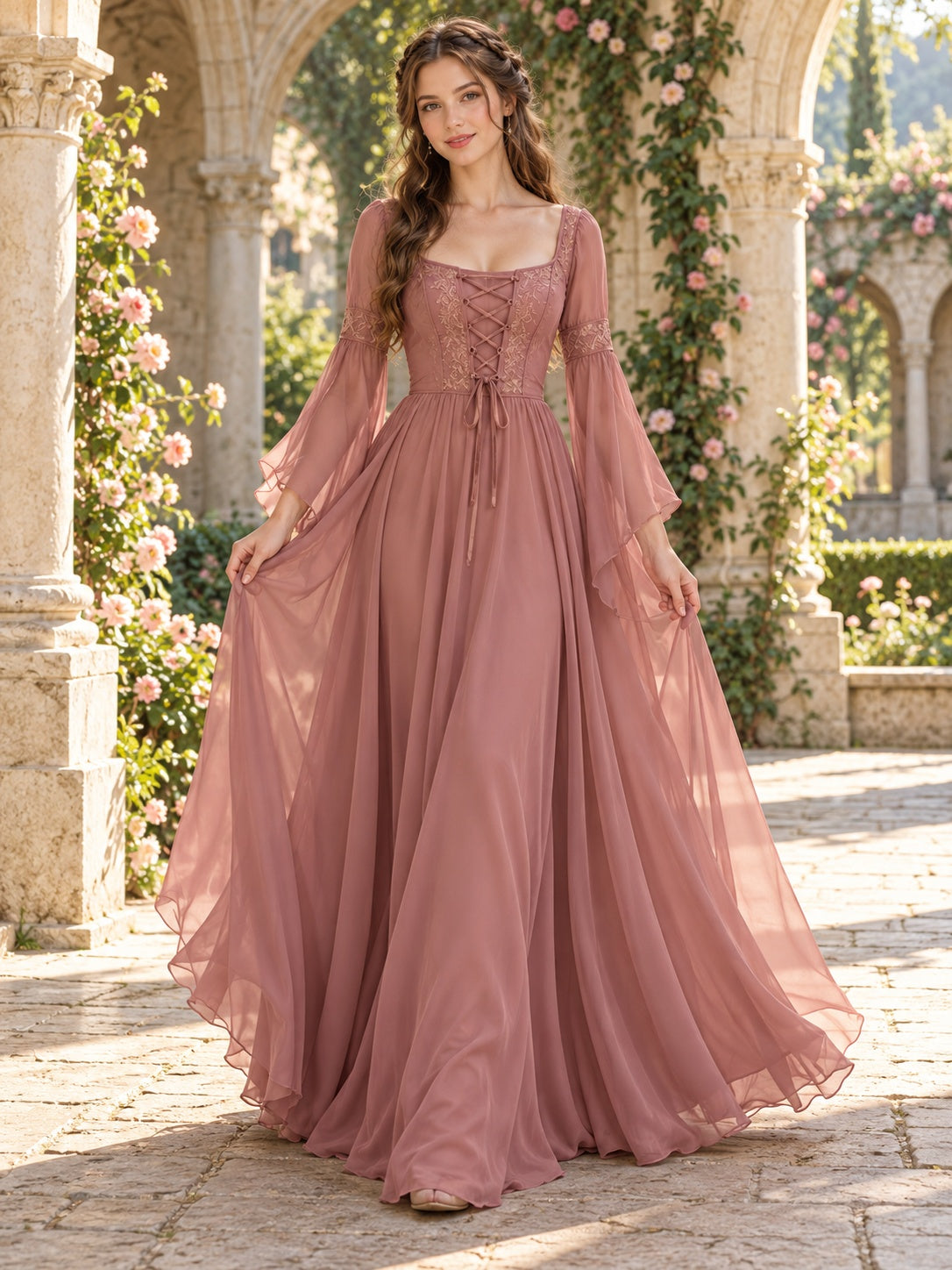 Mittelalterliches, altrosa Chiffon-Brautjungferkleid mit Korsett und langen Glockenärmeln