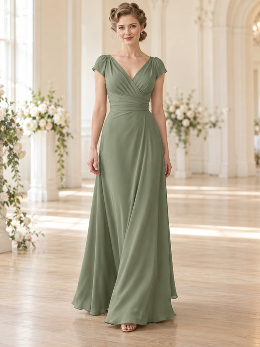 Vestido de dama de honor de gasa en verde salvia, inspirado en los años 1940, línea A, escote en V, manga corta y largo hasta el suelo