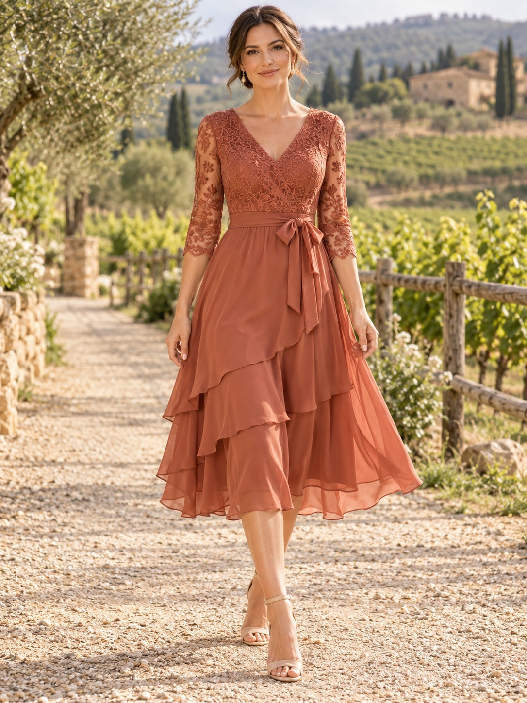 Tea-length Rust Lace A-Line V-Neck Sleeve Chiffon Ruffled Guest Dress — front view
