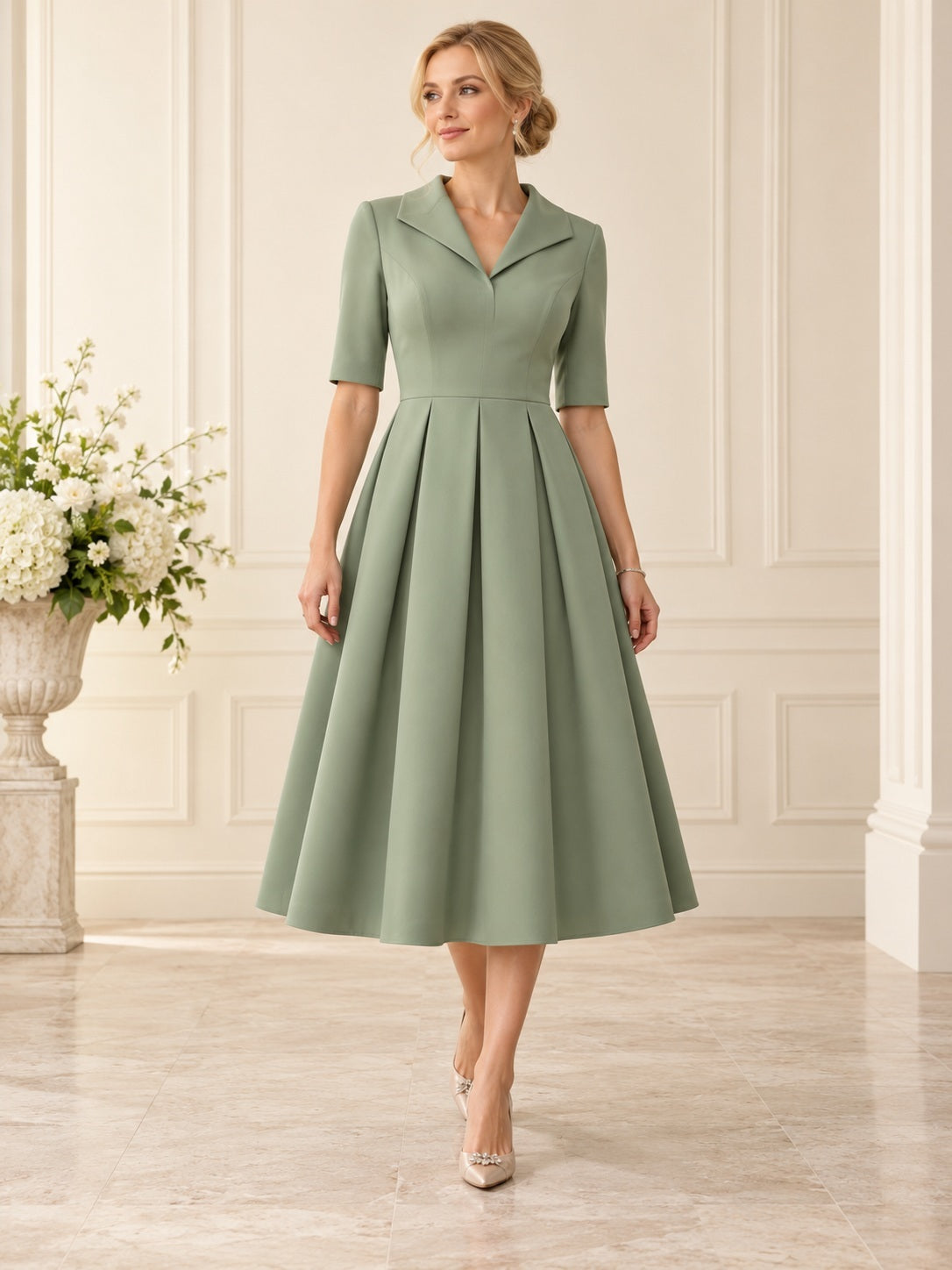 Tea-length Sage Notched Collar Elbow Sleeve Box Pleated Guest Dress — front view