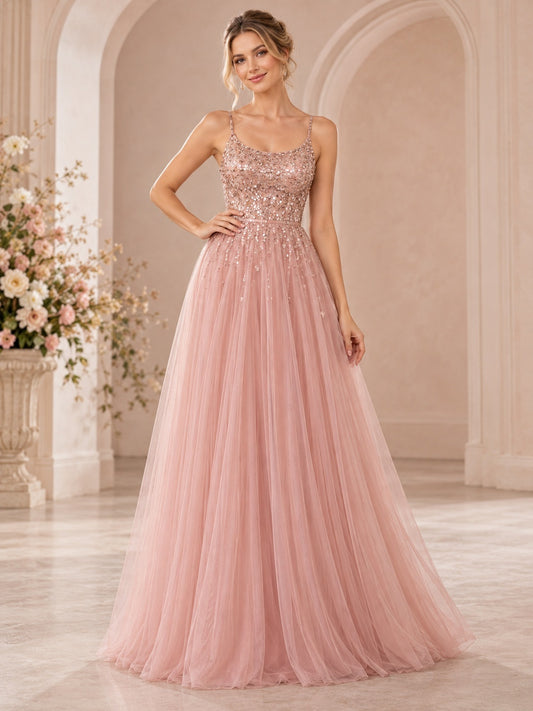 Robe de demoiselle d'honneur en tulle rose blush, à encolure dégagée, bretelles spaghetti et sequins