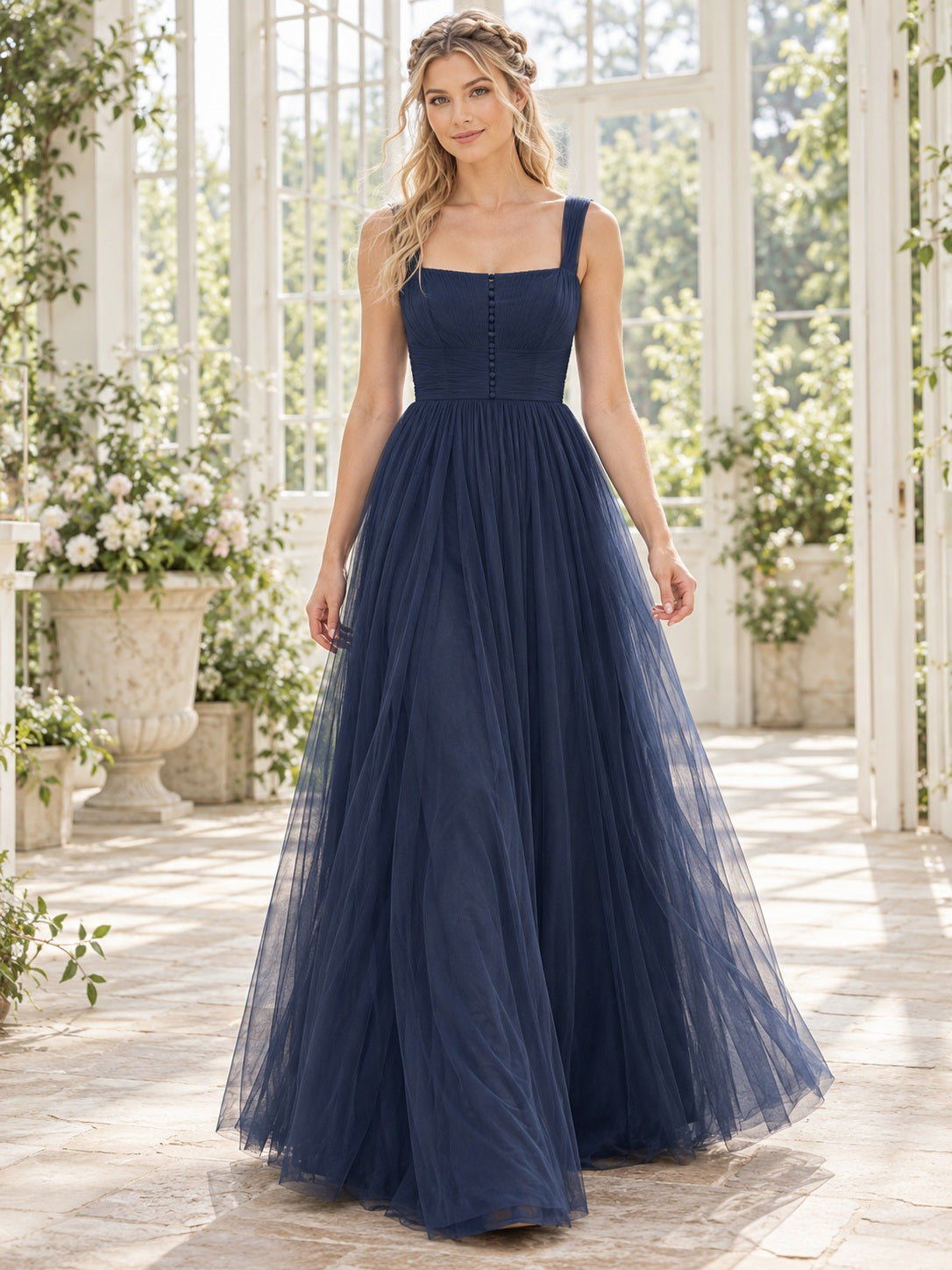 Simple Navy Blue Square Neck Tulle Pleated Sleeveless A-line Bridesmaid Dress — image 1, style 113015
