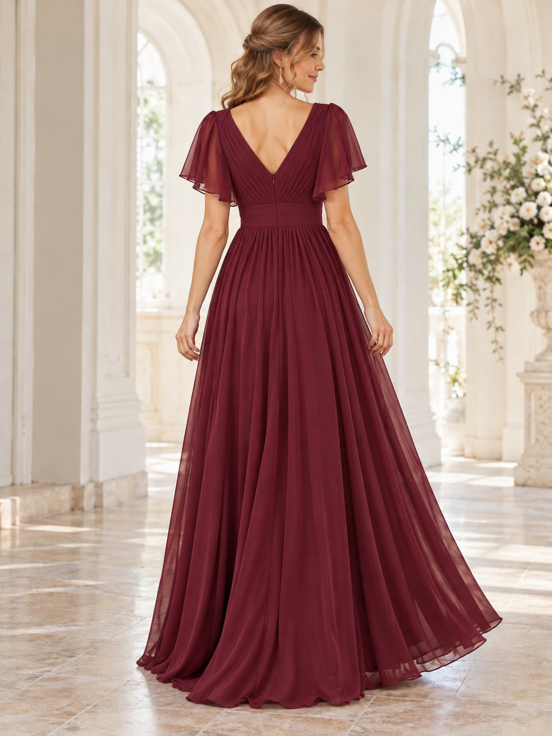 Vestido de dama de honor de gasa en borgoña, línea A, escote en V, manga corta y largo hasta el suelo