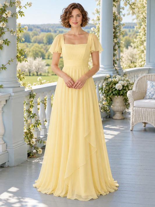 Vestido de dama de honor de gasa en amarillo narciso, línea A, escote cuadrado, manga corta y largo hasta el suelo