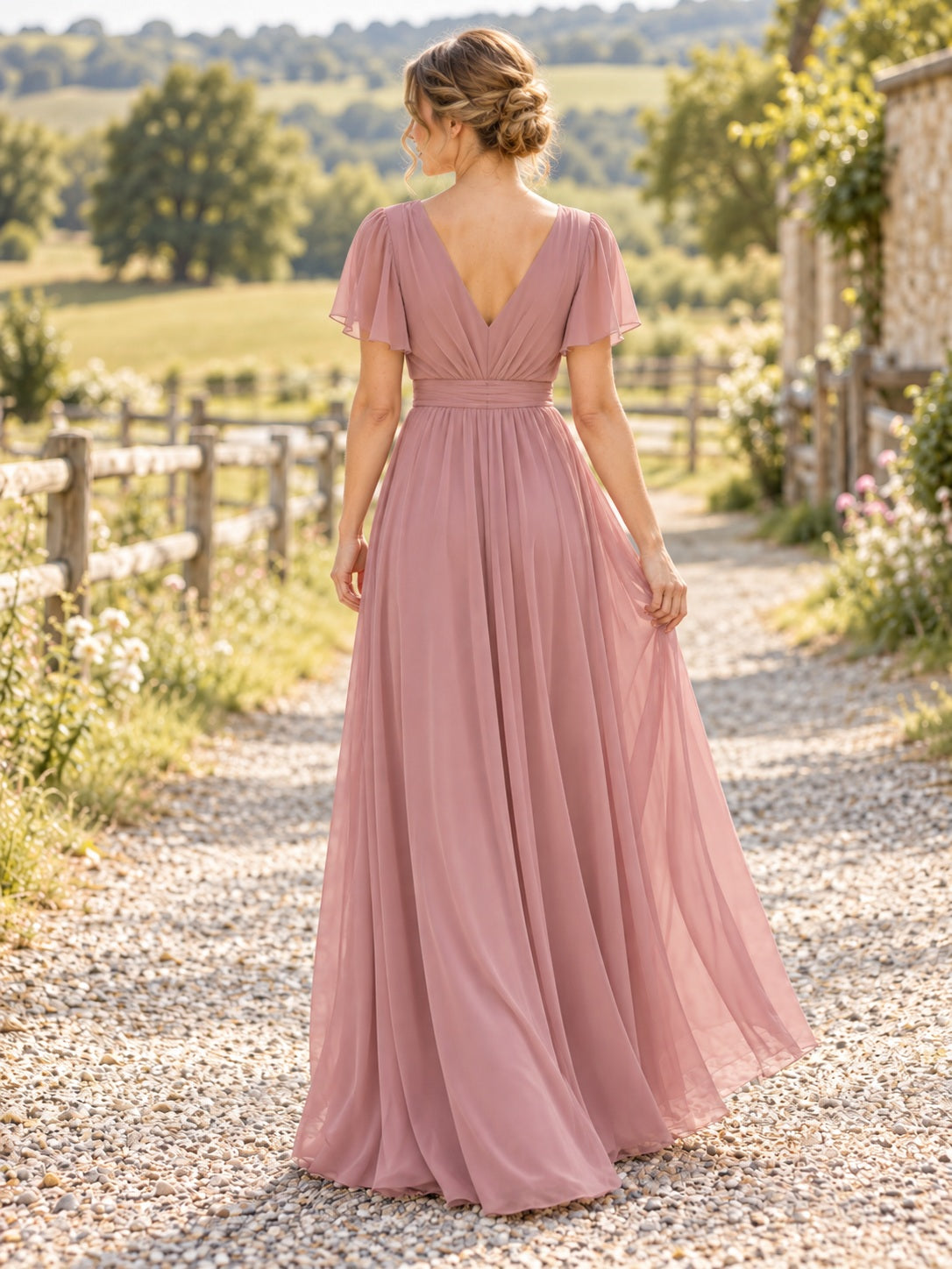 Country Dusty Rose V-neck Flutter Sleeve Chiffon Wrap A-line Bridesmaid Dress — image 2, style 113070