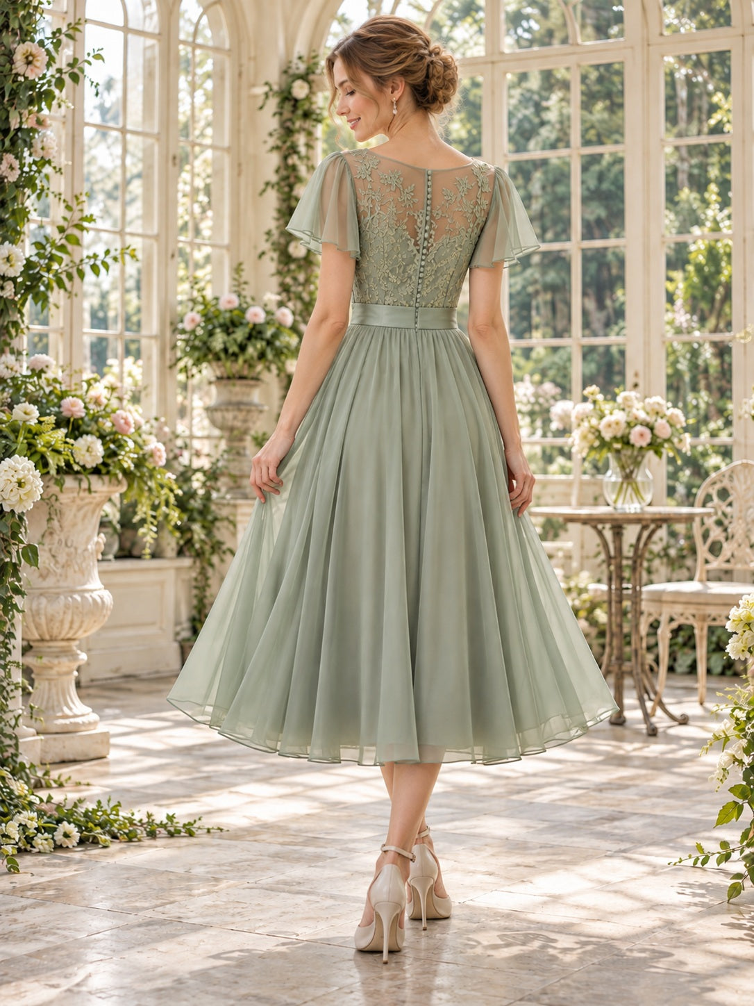Robe de demoiselle d'honneur vintage couleur sauge, longueur thé, en dentelle florale, à encolure bateau et manches papillon, coupe trapèze