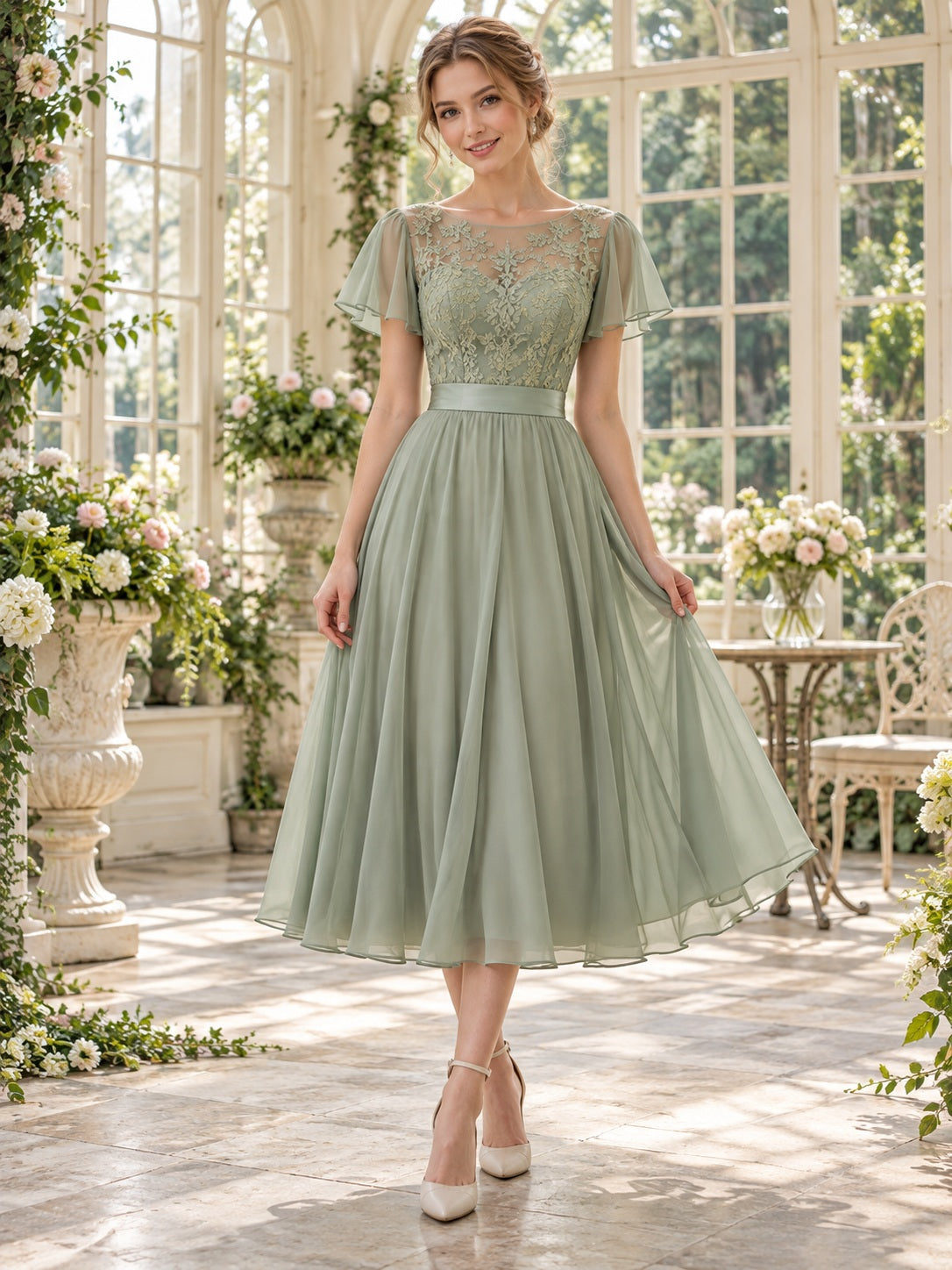 Robe de demoiselle d'honneur vintage couleur sauge, longueur thé, en dentelle florale, à encolure bateau et manches papillon, coupe trapèze