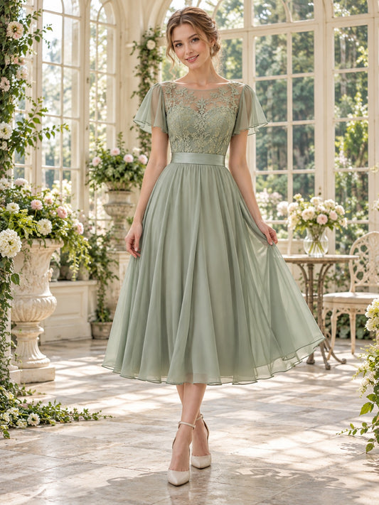 Vintage-Brautjungfernenkleid in Salbeigrün, A-Linie, Teelänge, mit floraler Spitze, U-Boot-Ausschnitt und Flatterärmeln