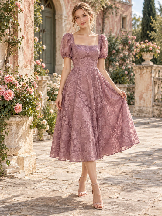 Vintage-Brautjungfernenkleid in Mauve, A-Linie, Teelänge, eckiger Ausschnitt, Spitzen-Puffärmel