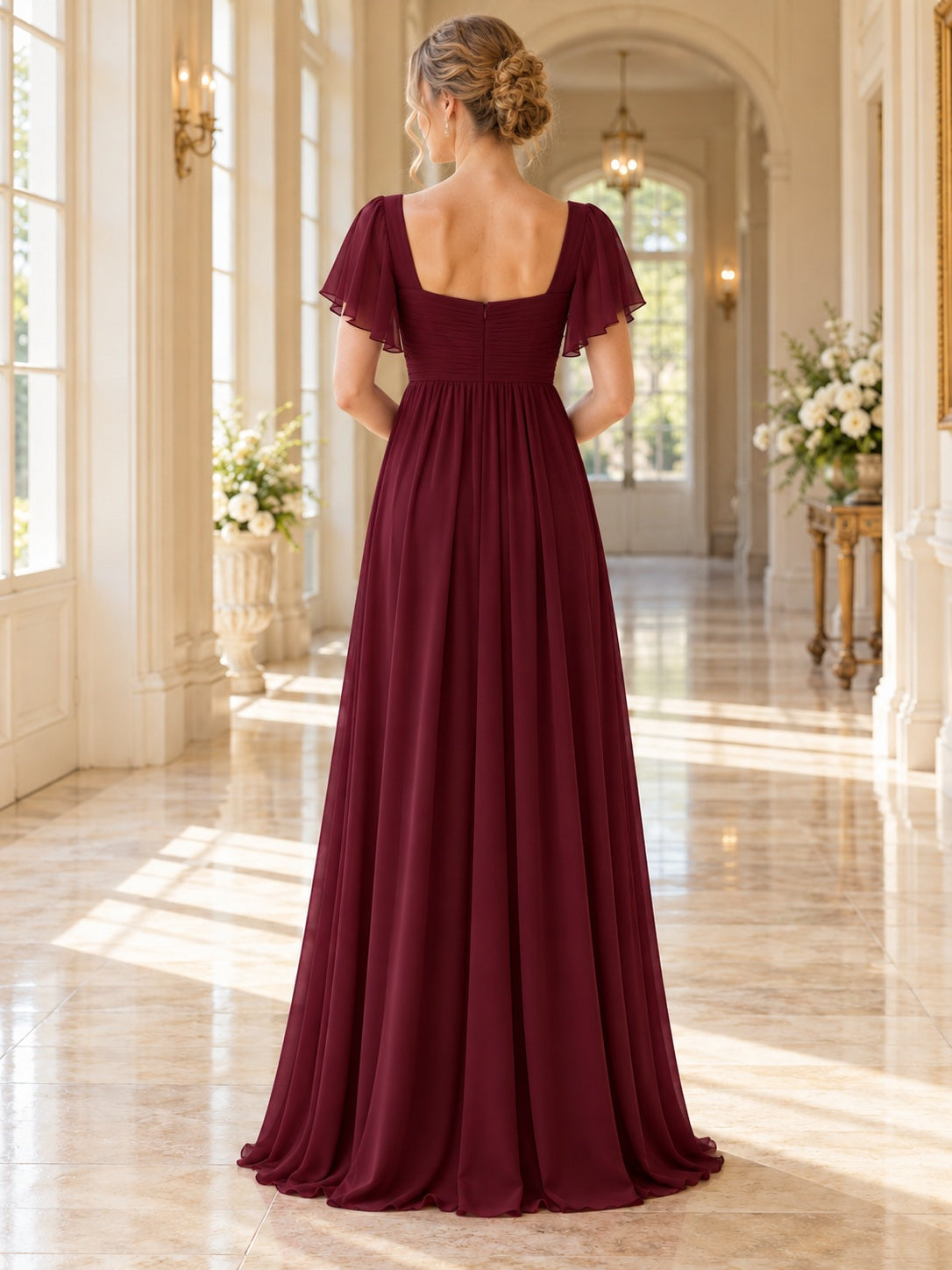 Robe de demoiselle d'honneur simple bordeaux, coupe trapèze longue, en mousseline plissée à manches papillon et encolure cœur