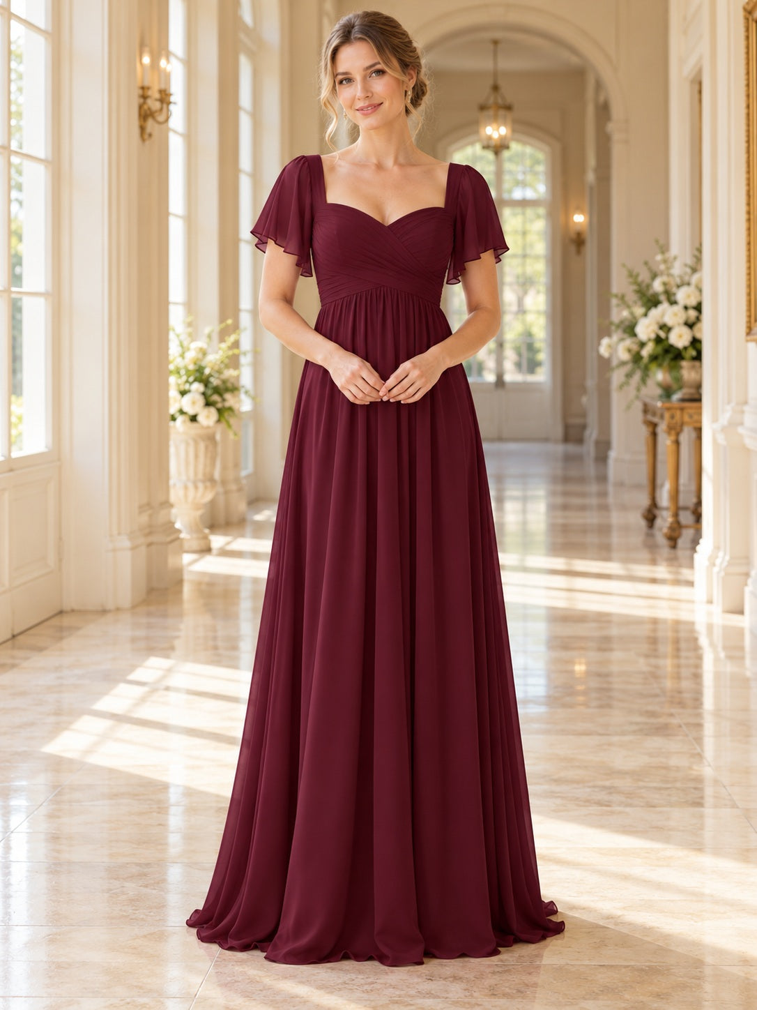 Robe de demoiselle d'honneur simple bordeaux, coupe trapèze longue, en mousseline plissée à manches papillon et encolure cœur