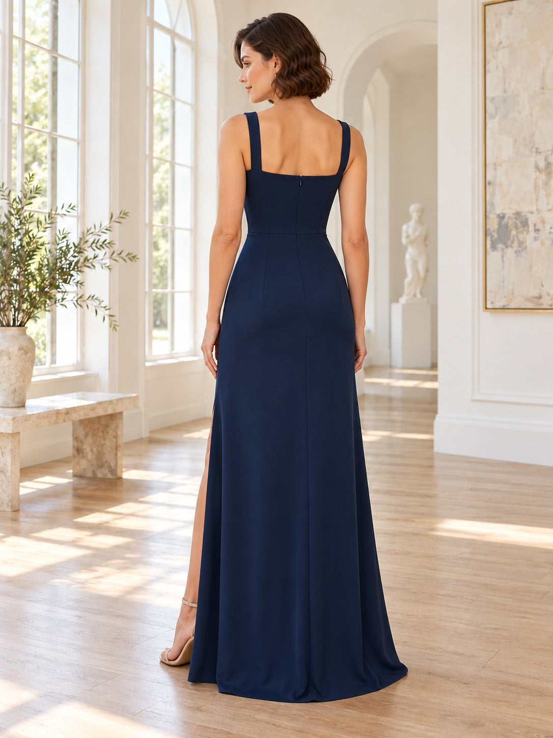 Simple Navy Blue Sheath Square Neck Satin Slit Long Bridesmaid Dress — image 2, style 113092