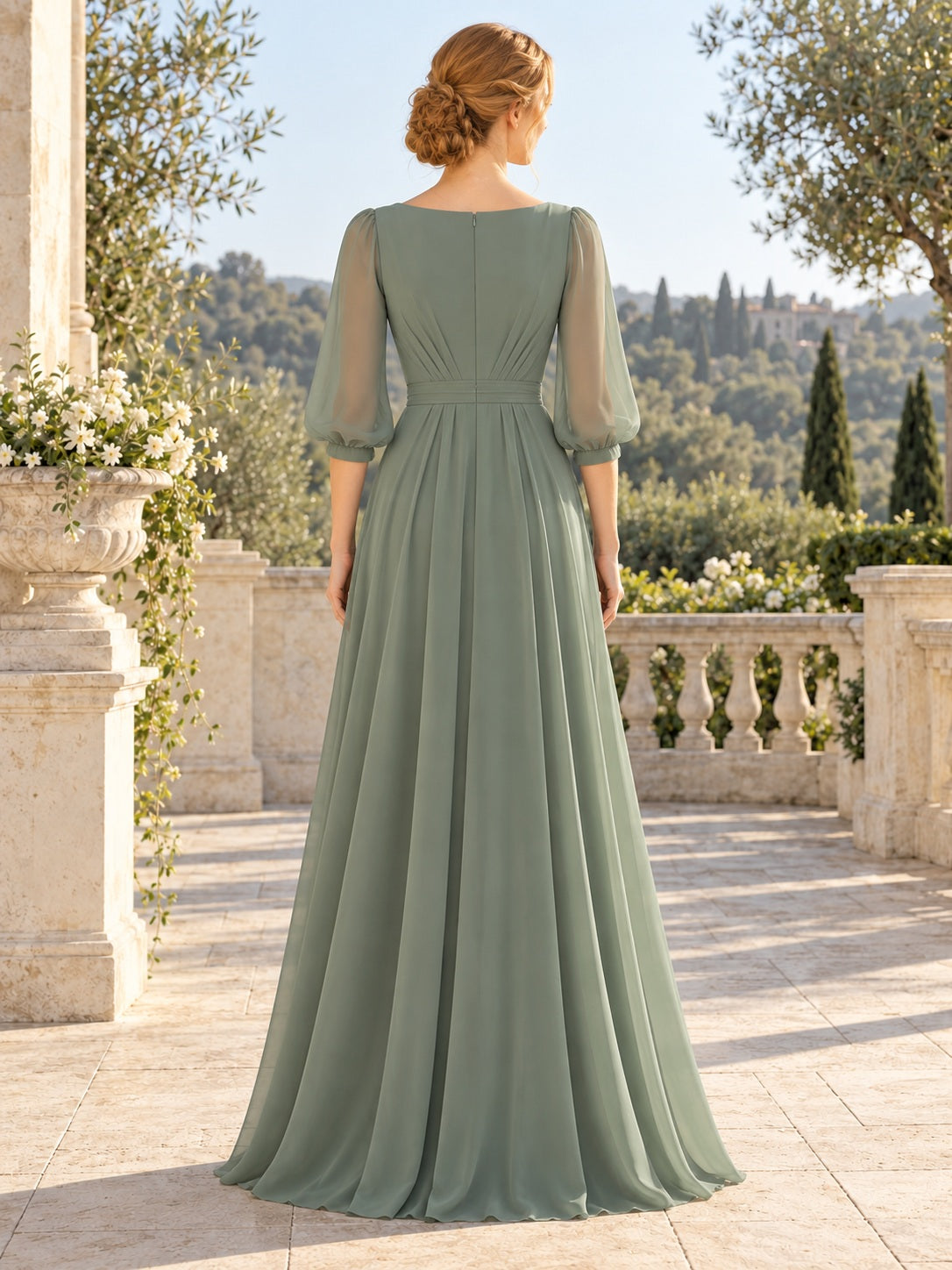 Modest Sage Bateau Chiffon Three Quarter Sleeve Pleated A-line Bridesmaid Dress — image 2, style 113101