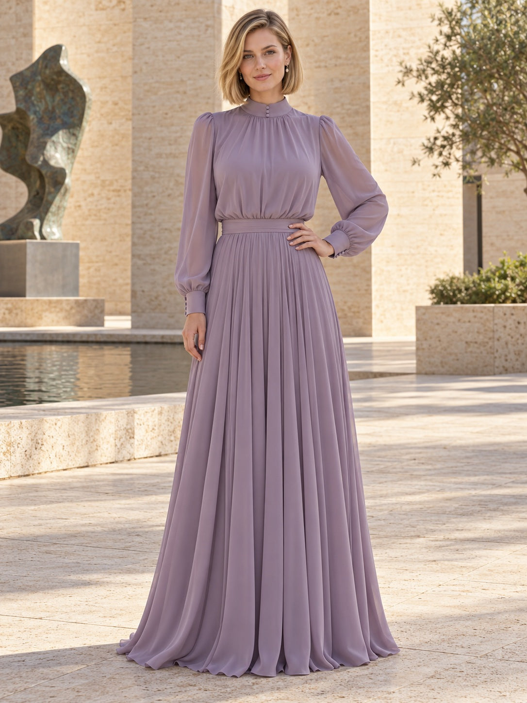 Robe de demoiselle d'honneur pudique en mousseline plissée lavande, coupe trapèze, à manches longues et col montant