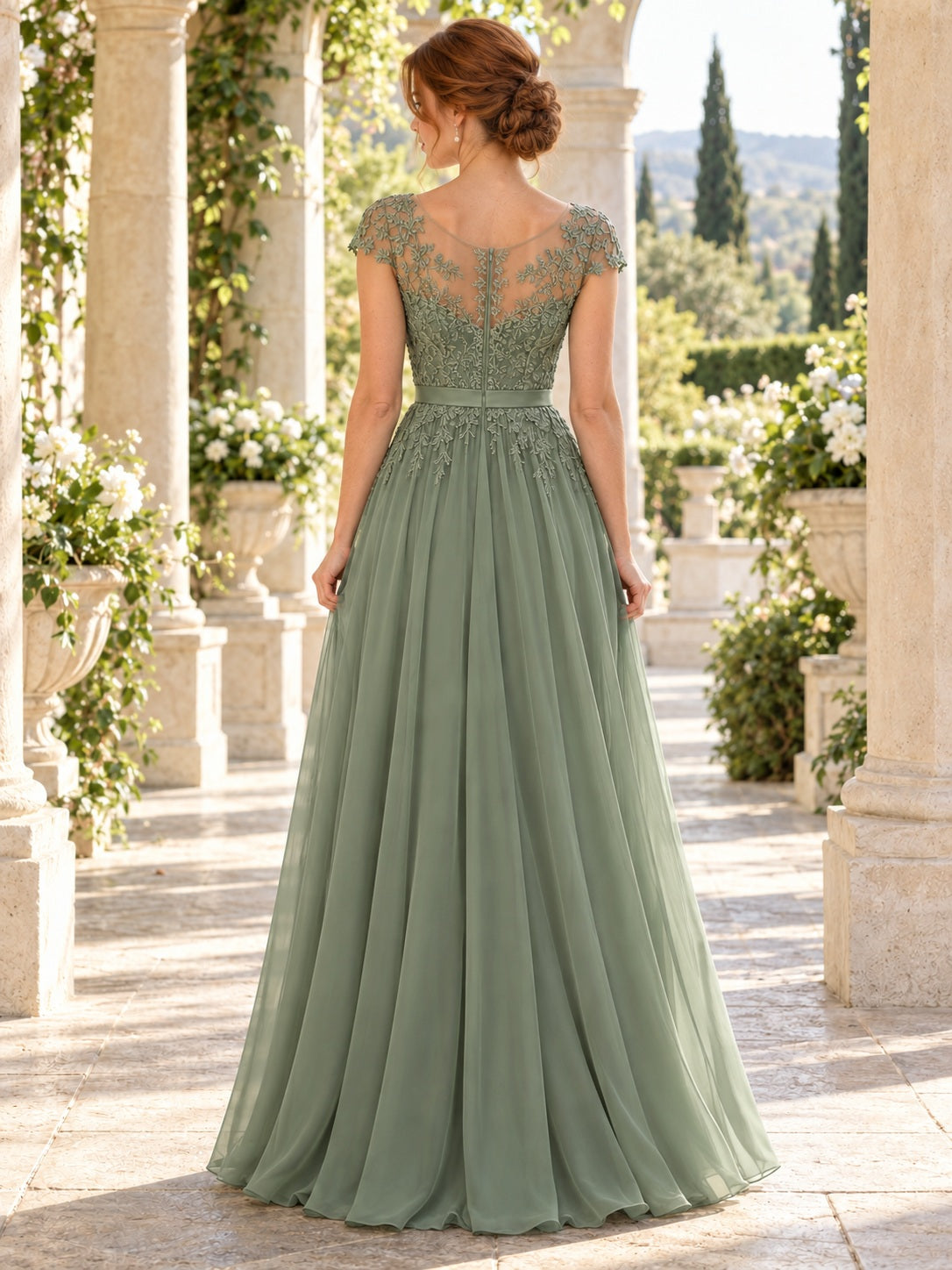 Langes A-Linien-Brautjungfernkleid aus salbeigrünem Chiffon mit floraler Spitze, herzförmigem Ausschnitt und Flügelärmeln