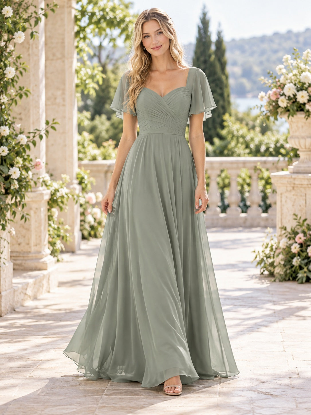 Sage Green Sweetheart Chiffon Flutter Sleeve Ruched Pleated A-line Bridesmaid Dress — image 1, style 113121