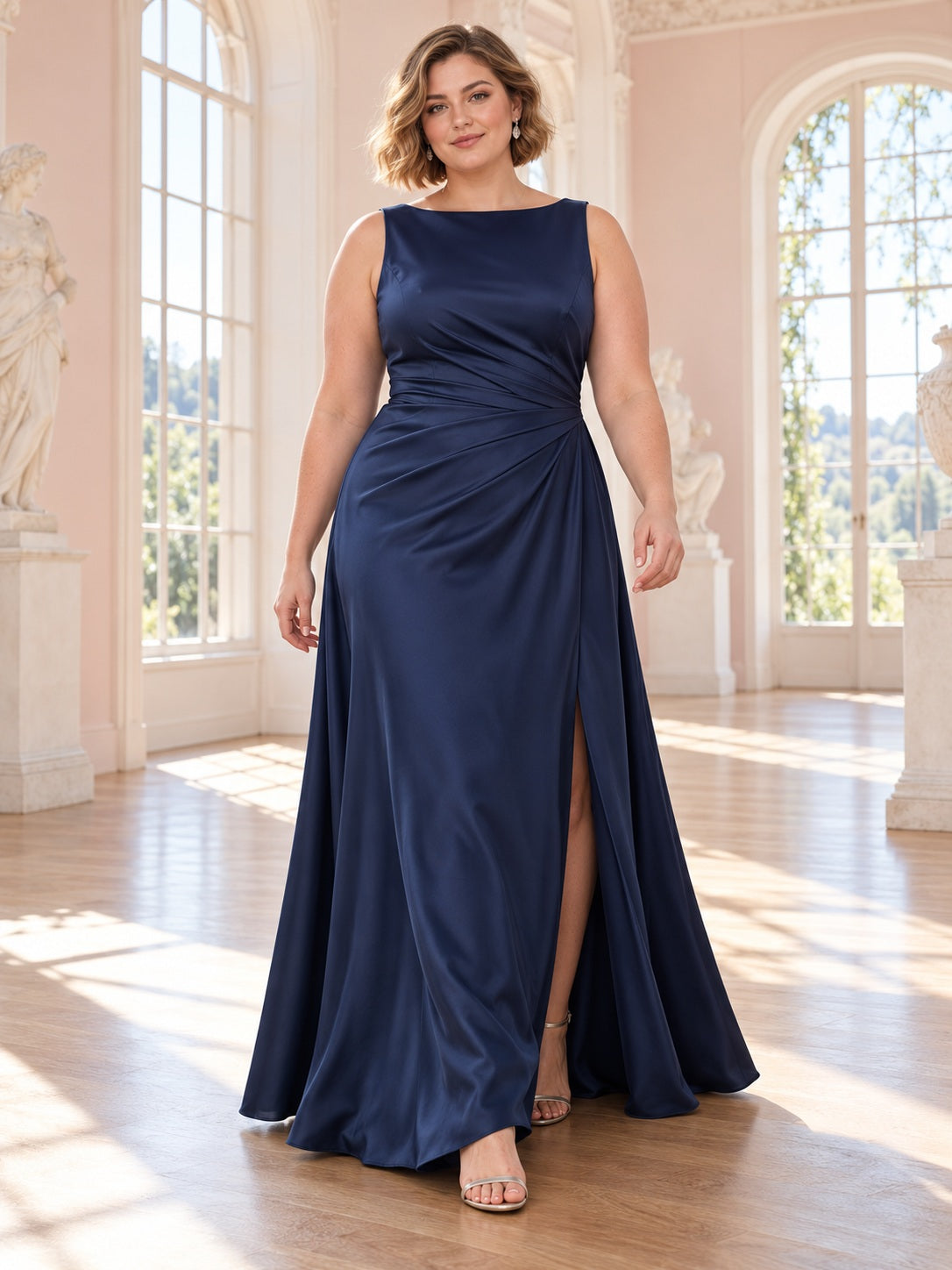 Vestido de dama de honor en talla grande de satén en azul marino oscuro, corte recto, escote barco, sin mangas y largo hasta el suelo