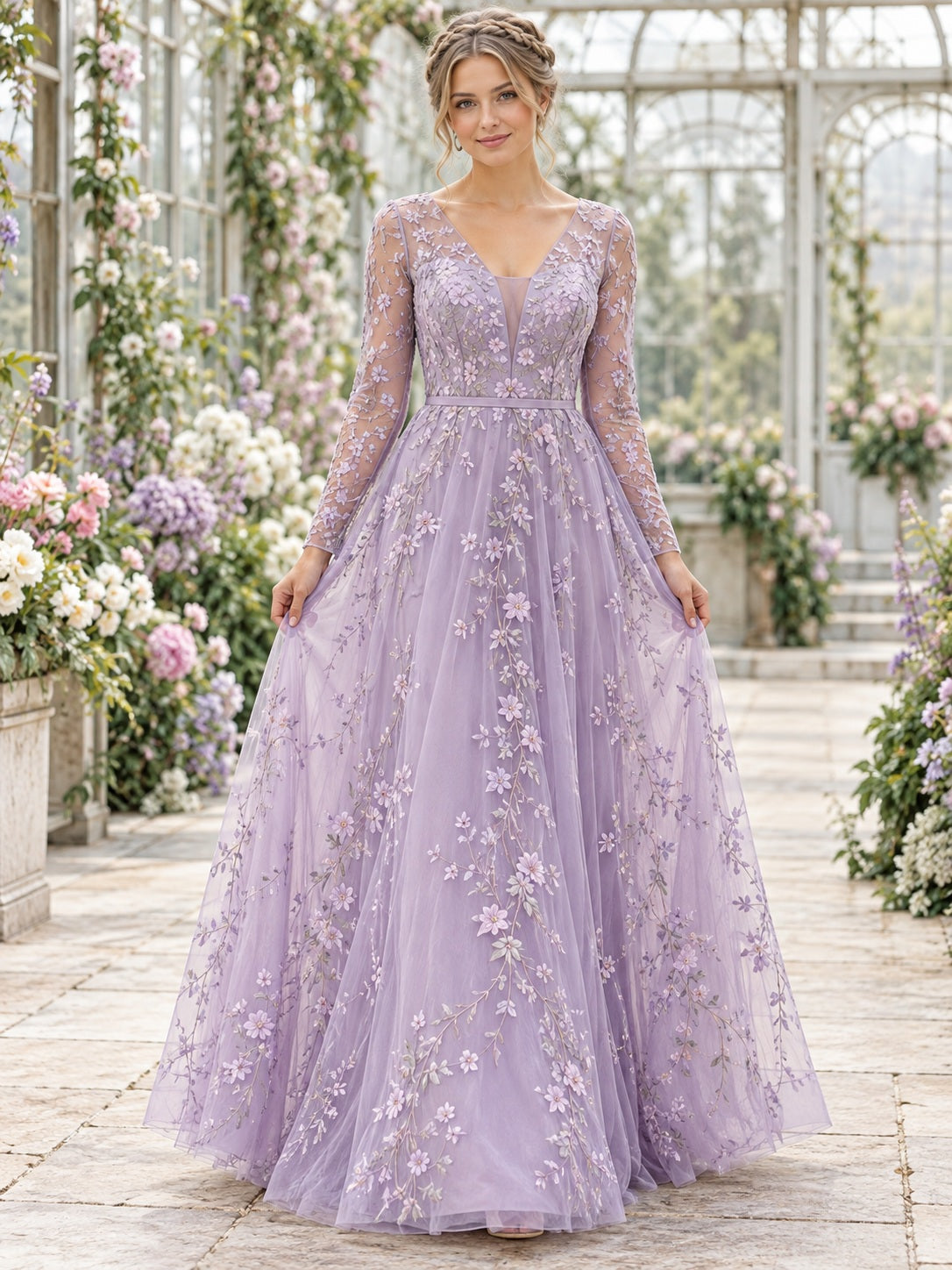 Long Sleeve Lavender V-neck Floral Lace Tulle Full A-line Bridesmaid Dress — image 1, style 113152
