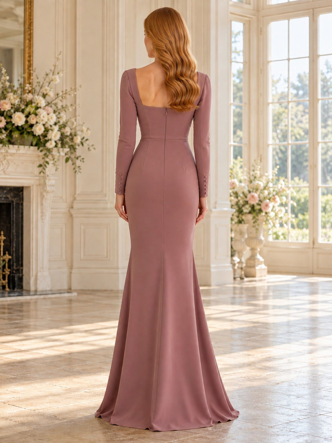 Simple Long Sleeve Mauve Sheath Square Neck Smooth Floor Length Bridesmaid Dress — image 2, style 113154