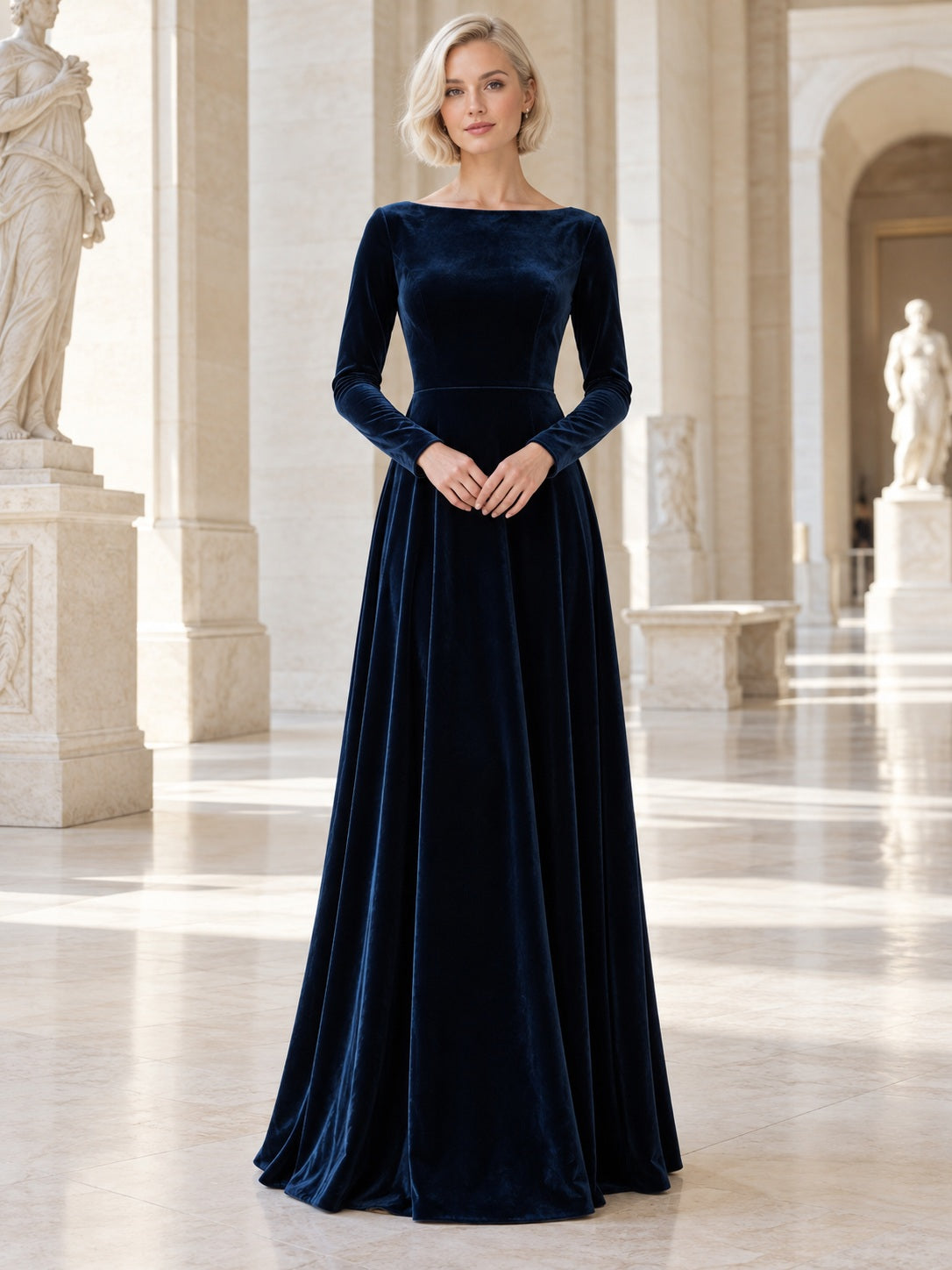 Modest Long Sleeve Navy Blue Bateau Velvet Full A-line Bridesmaid Dress — image 1, style 113155