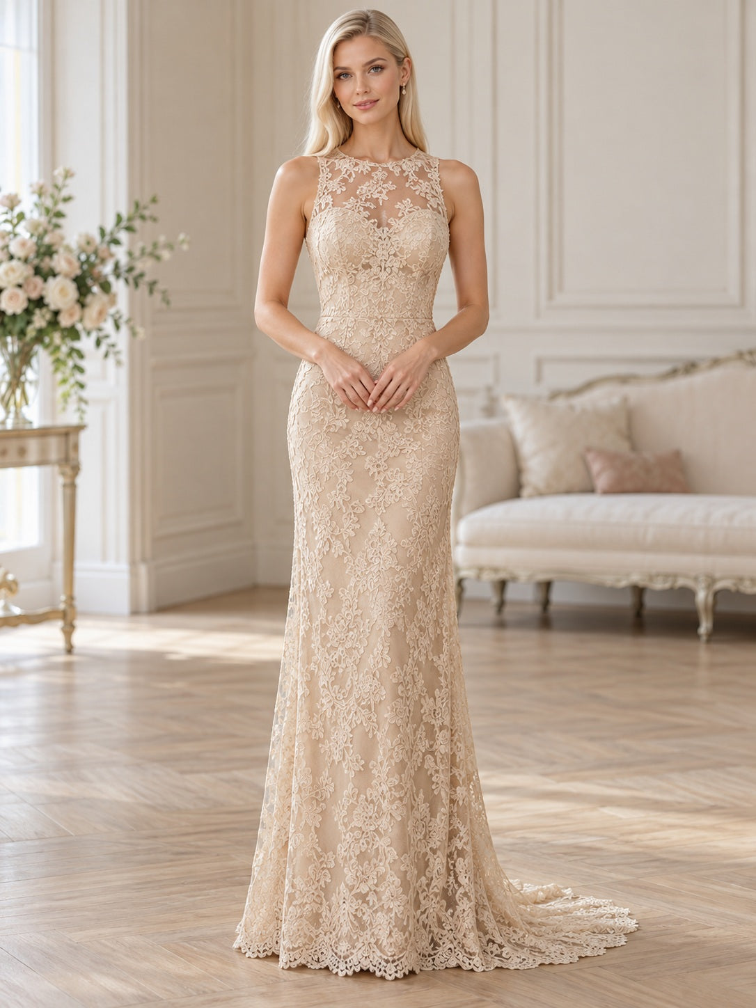 Elegantes, ärmelloses Brautkleid mit Meerjungfrau-Silhouette, Juwel-Illusion, floraler Spitze und Schleppenschleier
