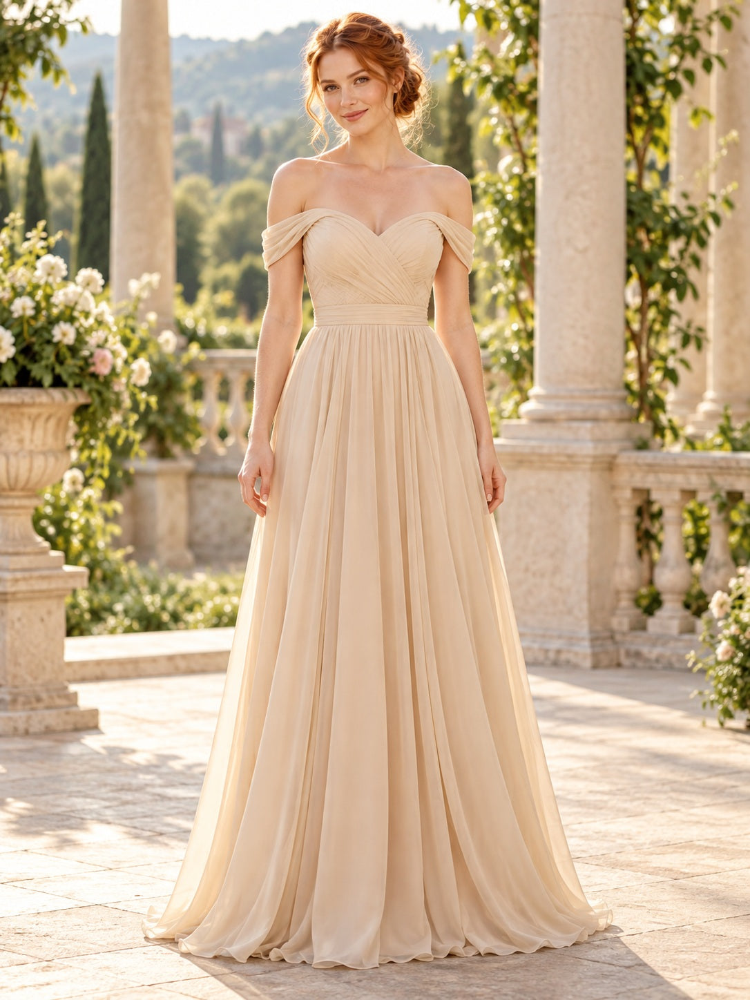 Champagne Off Shoulder Sweetheart Chiffon Ruched Pleated Long A-line Bridesmaid Dress — image 1, style 113166