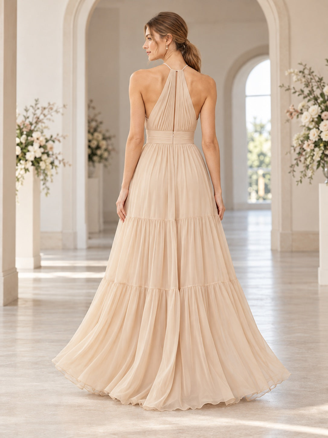 Champagne Halter Chiffon Gathered Waist Tiered Pleated Long A-line Bridesmaid Dress — image 2, style 113168