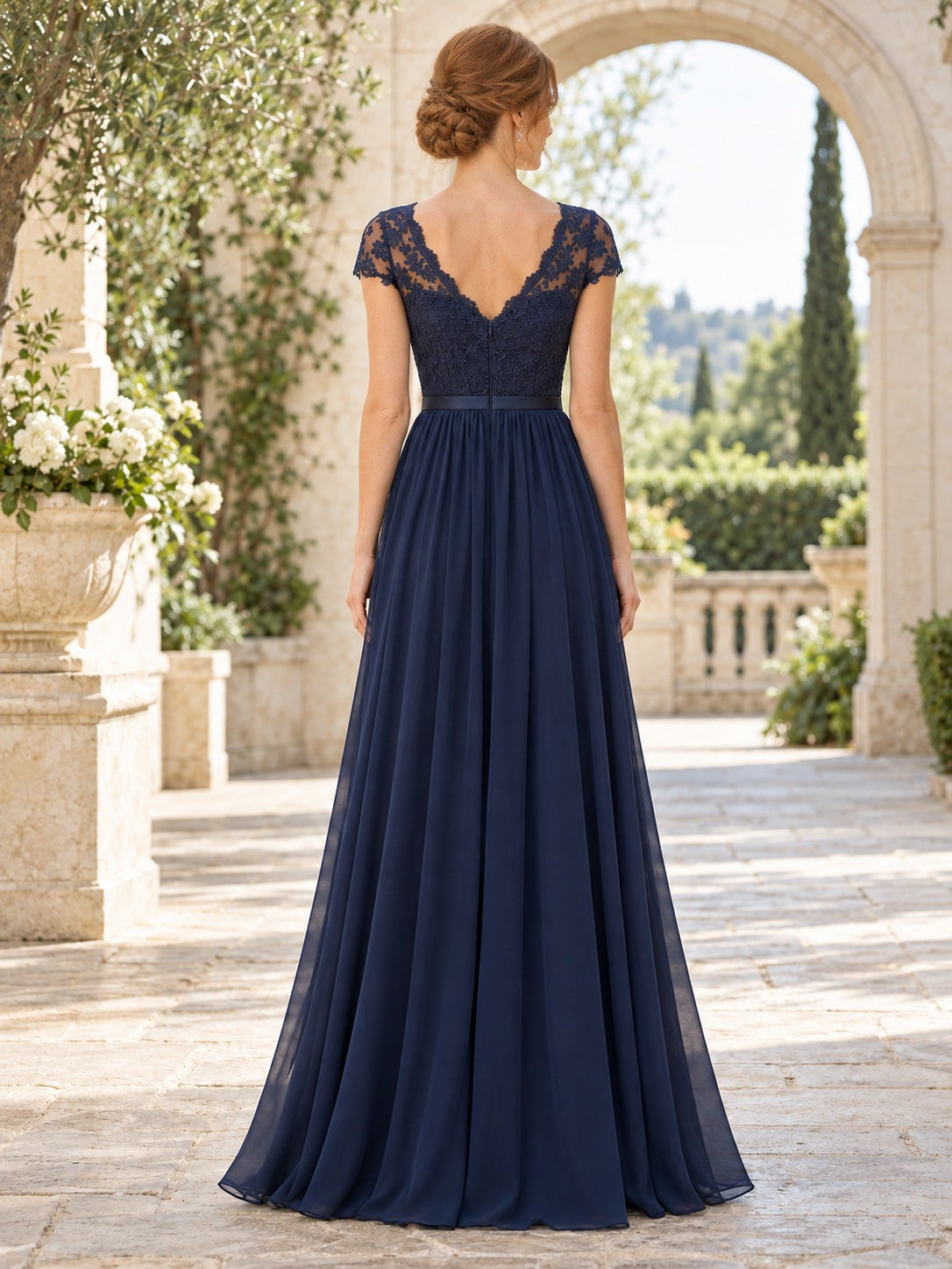 Navy Blue Scalloped V-neck Lace Cap Sleeve Chiffon A-line Bridesmaid Dress — image 2, style 113176