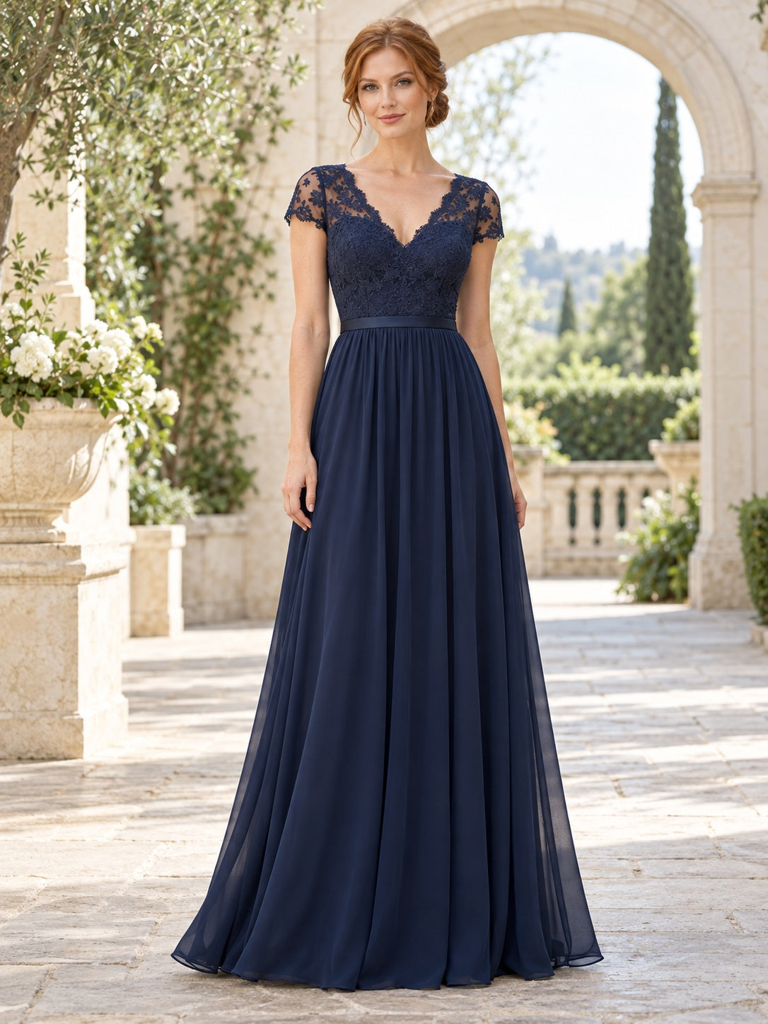 Navy Blue Scalloped V-neck Lace Cap Sleeve Chiffon A-line Bridesmaid Dress — image 1, style 113176