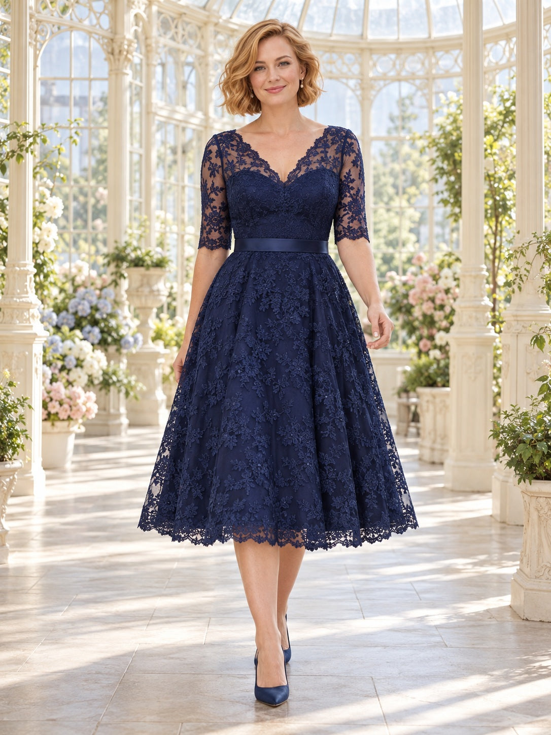 Vintage-Brautjungfernenkleid in Marineblau, A-Linie, Tea-Länge, herzförmigem Ausschnitt, Spitze und halblangen Ärmeln
