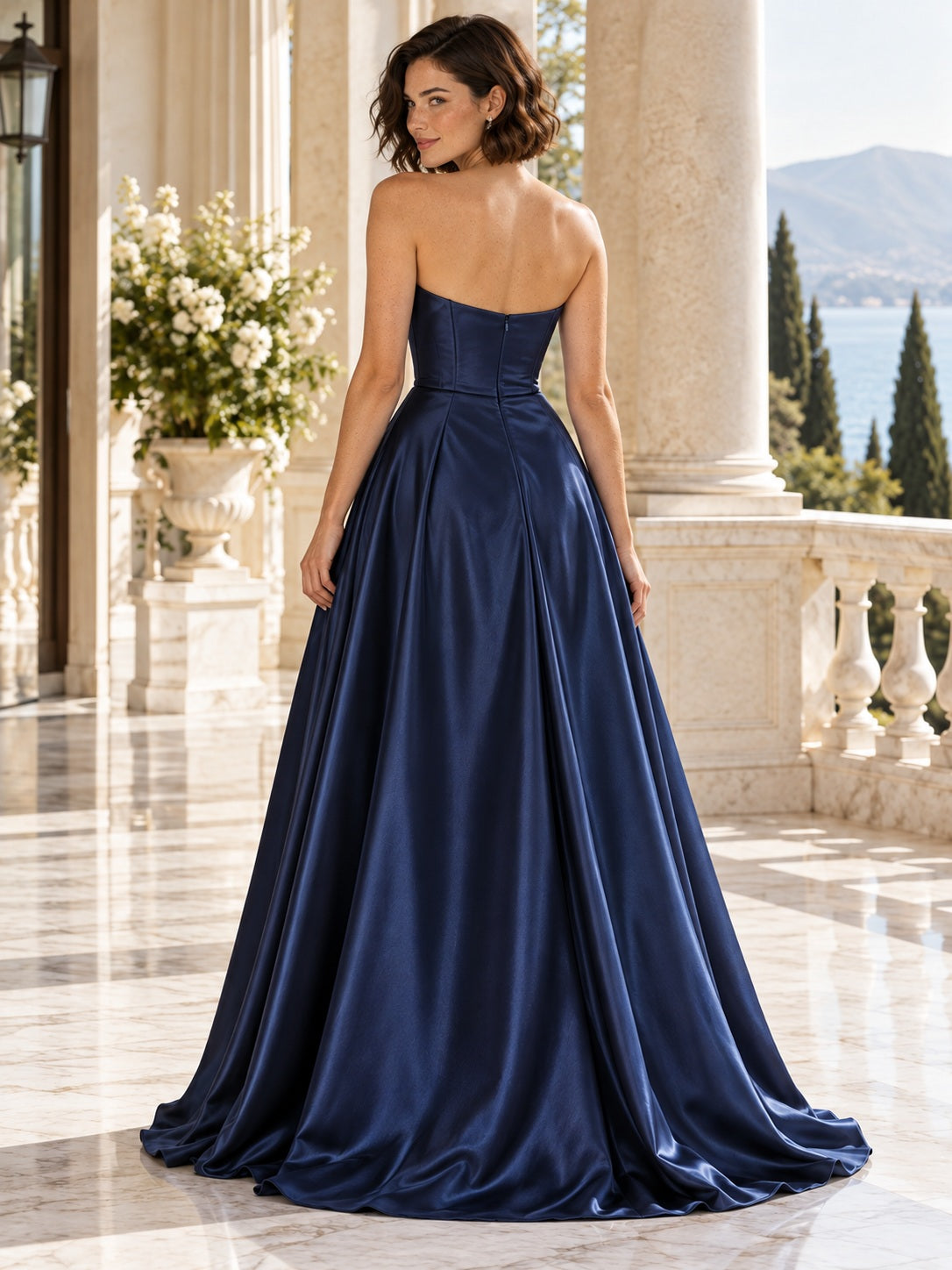 Navy Blue Strapless Sweetheart Satin Corset Slit Sweep Train Bridesmaid Dress — image 2, style 113185