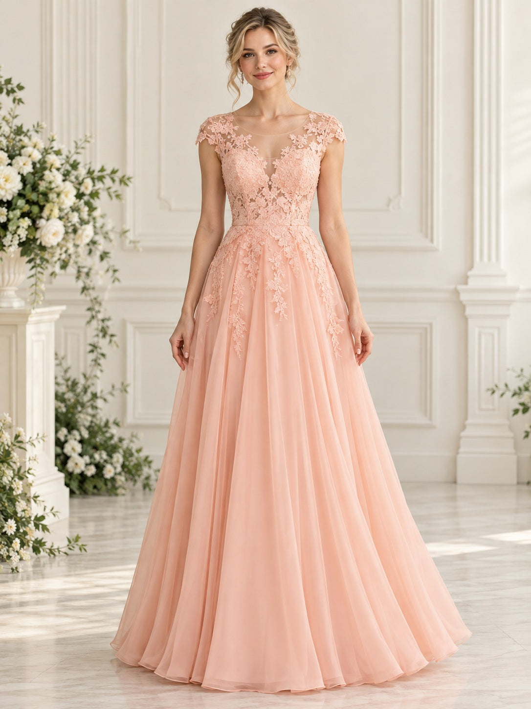 Robe de demoiselle d'honneur trapèze en mousseline pêche à col en V festonné, dentelle florale et mancherons