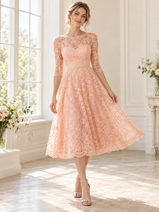Dezentes Vintage-Brautjungferkleid in Pfirsich mit Bateau-Ausschnitt, Spitze, Dreiviertelärmeln und Tea-Länge