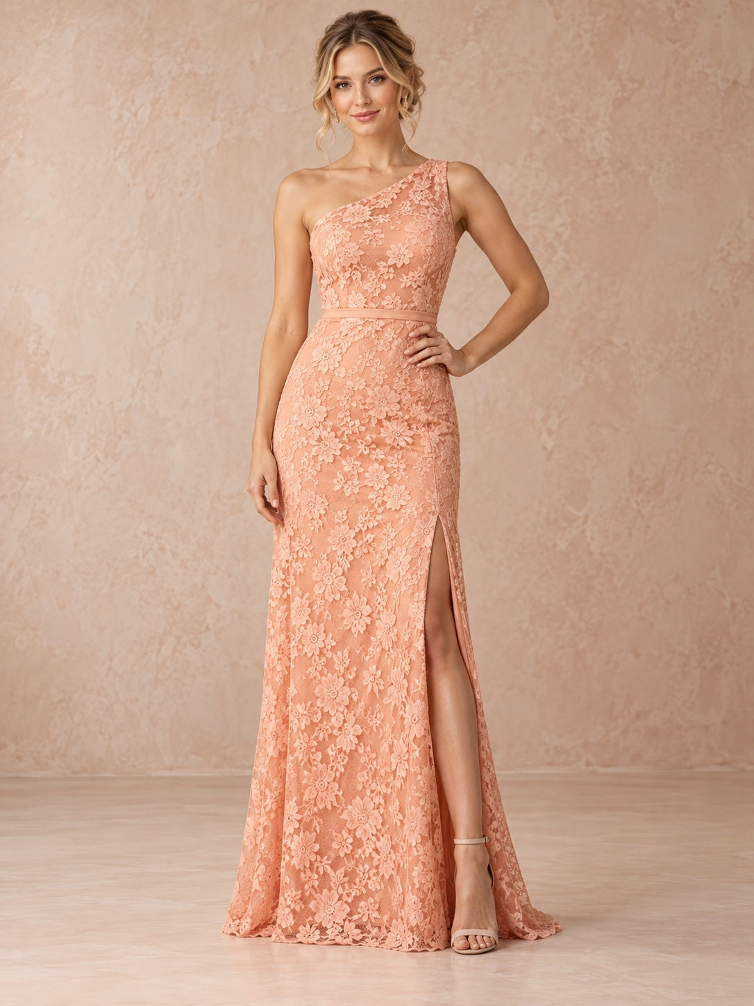 Peach One Shoulder Sheath Floral Lace Slit Fitted Long Bridesmaid Dress — image 1, style 113199