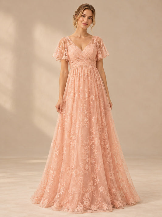 Robe de demoiselle d'honneur longue trapèze plissée en dentelle florale pêche à col en V et manches papillon