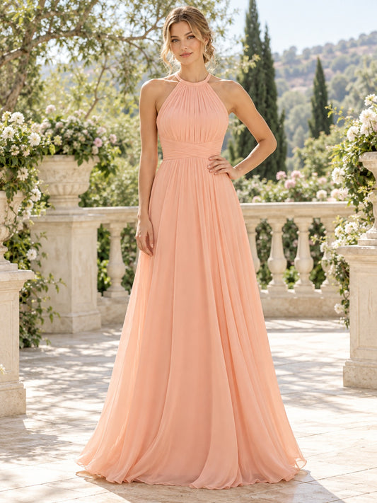 Robe de demoiselle d'honneur simple couleur pêche, dos nu, en mousseline, à taille froncée, plissée et longue, coupe trapèze
