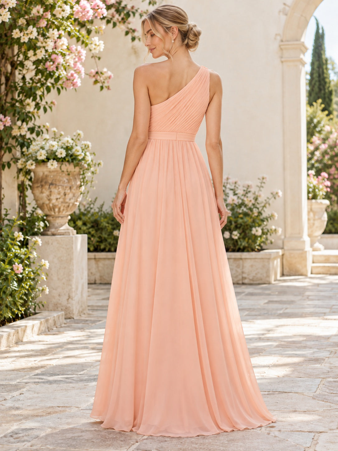 Simple Peach One Shoulder Chiffon Ruched Pleated Long A-line Bridesmaid Dress — image 2, style 113209