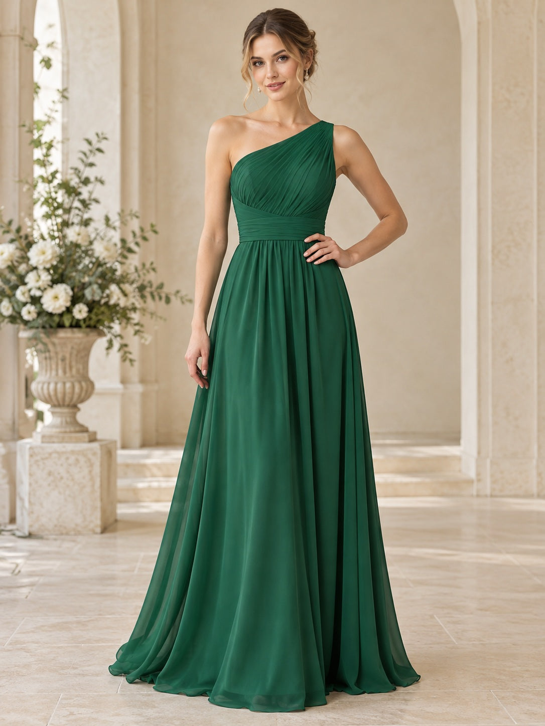 Robe de demoiselle d'honneur simple vert, asymétrique, en mousseline, à taille froncée et coupe trapèze plissée