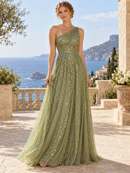 Sage One Shoulder Sequin Tulle Ruched Pleated Long A-line Bridesmaid Dress — image 1, style 113235