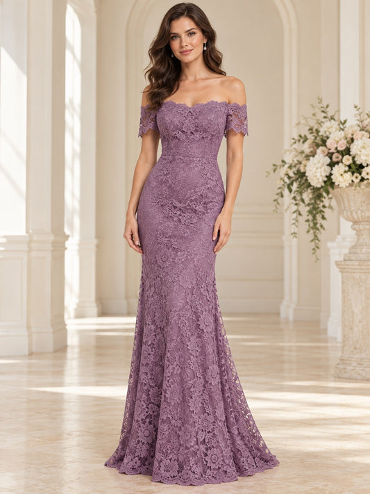 Vestido de dama de honor de encaje en lila glicina, corte sirena, hombros descubiertos, manga corta y largo hasta el suelo