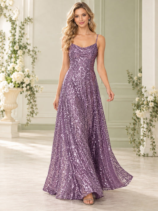 Purple Cowl Spaghetti Sequin Draped Sparkling Pleated Long A-line Bridesmaid Dress — image 1, style 113253