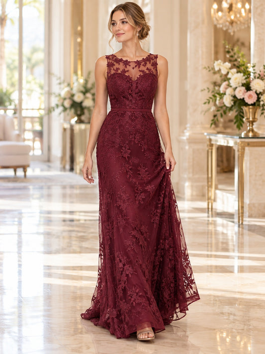 Vestido de dama de honor de encaje en borgoña, corte recto, escote redondo cerrado, sin mangas y largo hasta el suelo