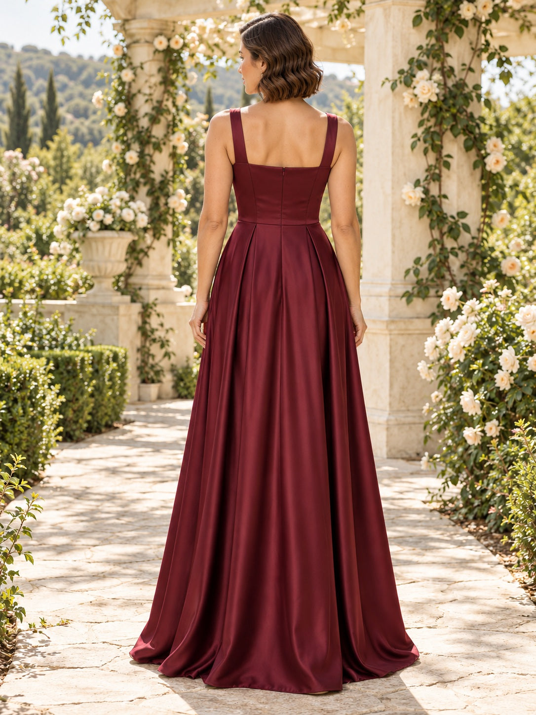 Simple Burgundy Square Neck Satin Wide Strap Pleated Long Bridesmaid Dress — image 2, style 113263