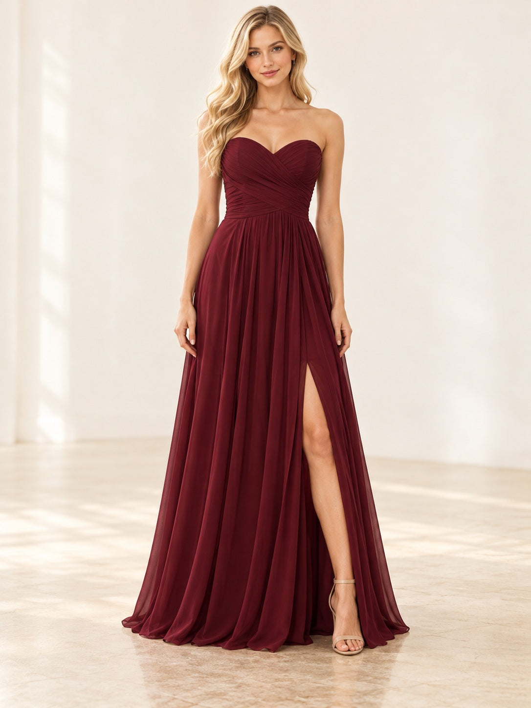 Simple Burgundy Sweetheart Strapless Ruched Chiffon Split Long Bridesmaid Dress — image 1, style 113266
