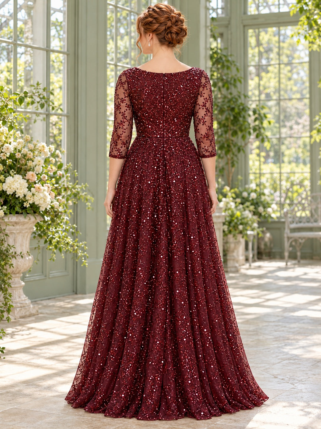 Burgundy Sparkling Bateau Three Quarter Sleeve Sequin Full Skirt Bridesmaid Dress — image 2, style 113272