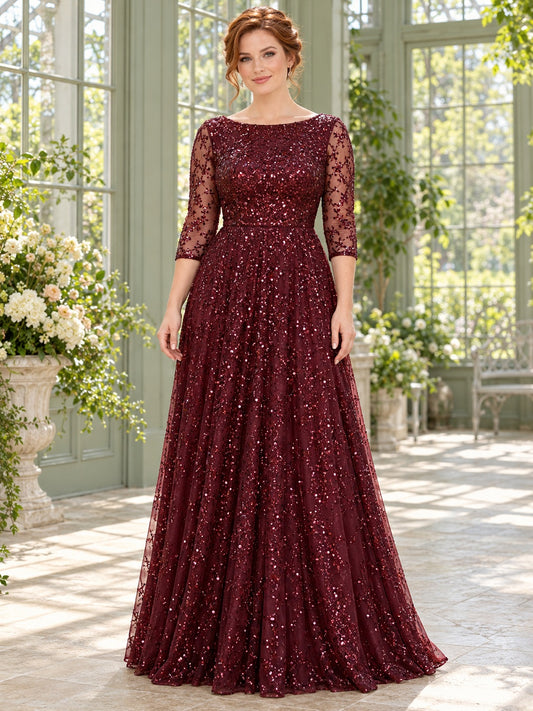 Burgundy Sparkling Bateau Three Quarter Sleeve Sequin Full Skirt Bridesmaid Dress — image 1, style 113272