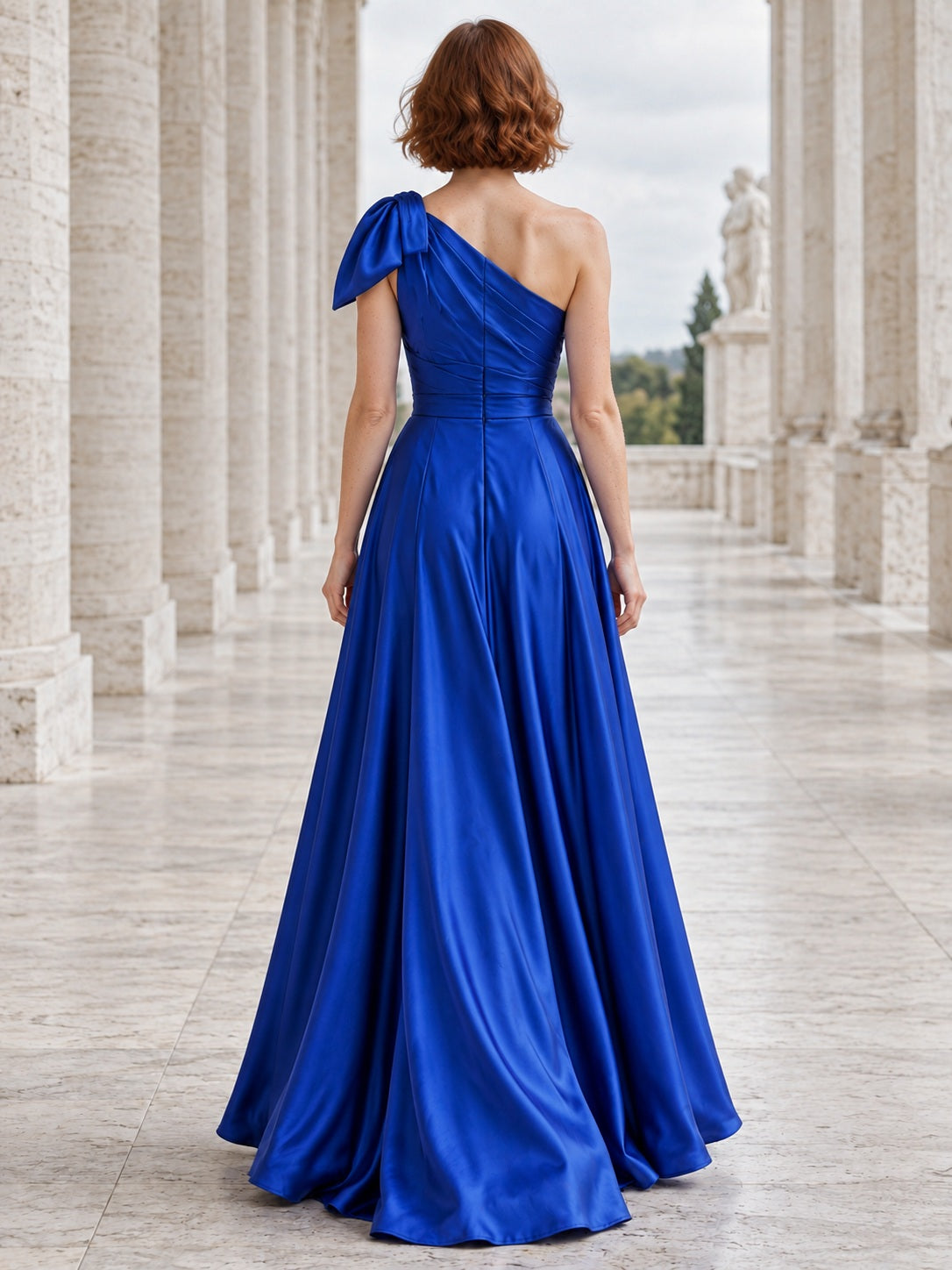 Vestido de dama de honor de satén en azul real, línea A, un hombro, sin mangas y largo hasta el suelo